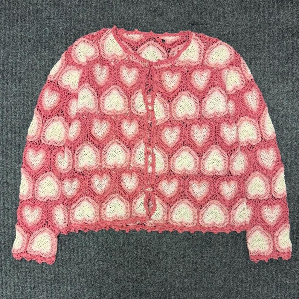 Vintage 90s Heart Shape Knit Cardigan Sweater Pink Cream Crochet Women Small